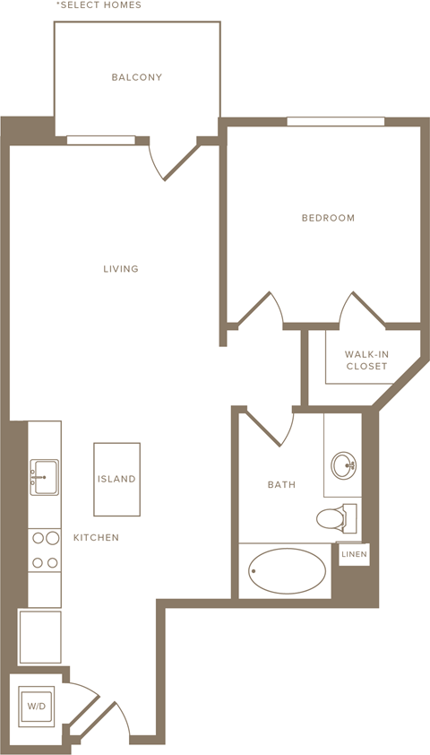 Floor plan for 1 bed, 1 bath, 705 sqft